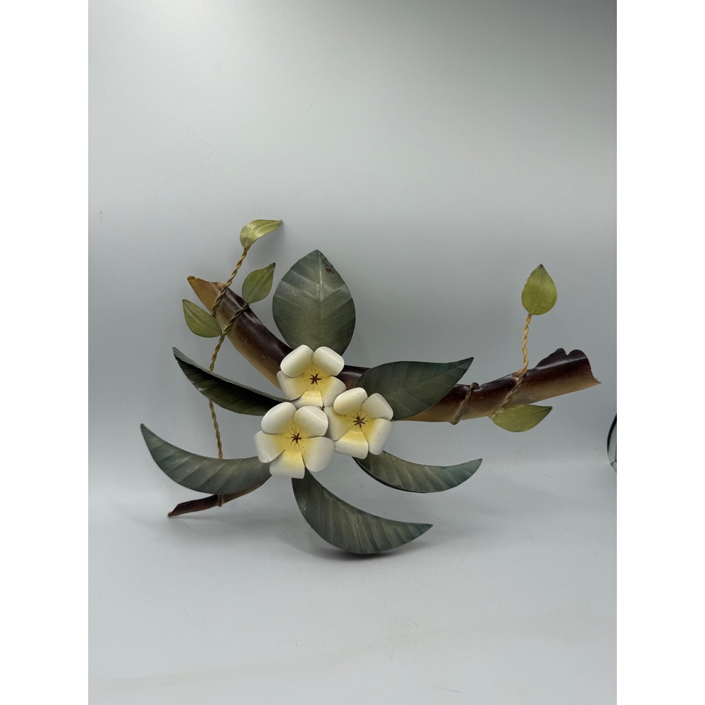 Plumeria Metal Wall Signed Vintage Tiki White Floral Tropical Branch Indonesia